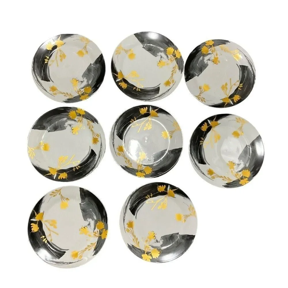 VTG Fitz & Floyd Carmen Floral Black/Gold Stripes‎ Dinner/Salad Plates Set of 8